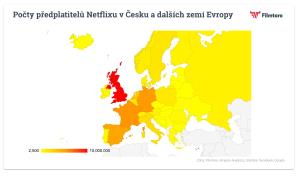 Počty předplatitelů Netflixu v Česku a dalších zemí Evropy